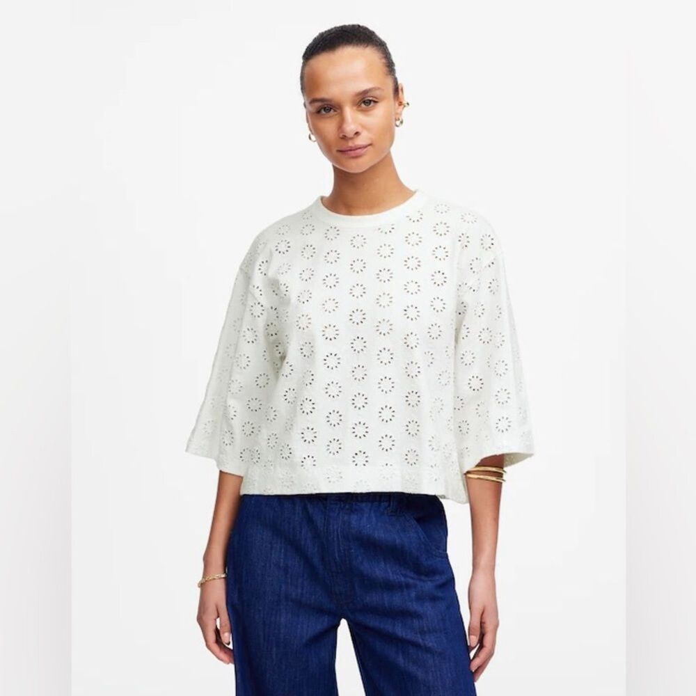Madewell women’s Embroidered Wide-Sleeve Boxy Tee eyelet white Size XXS NWT